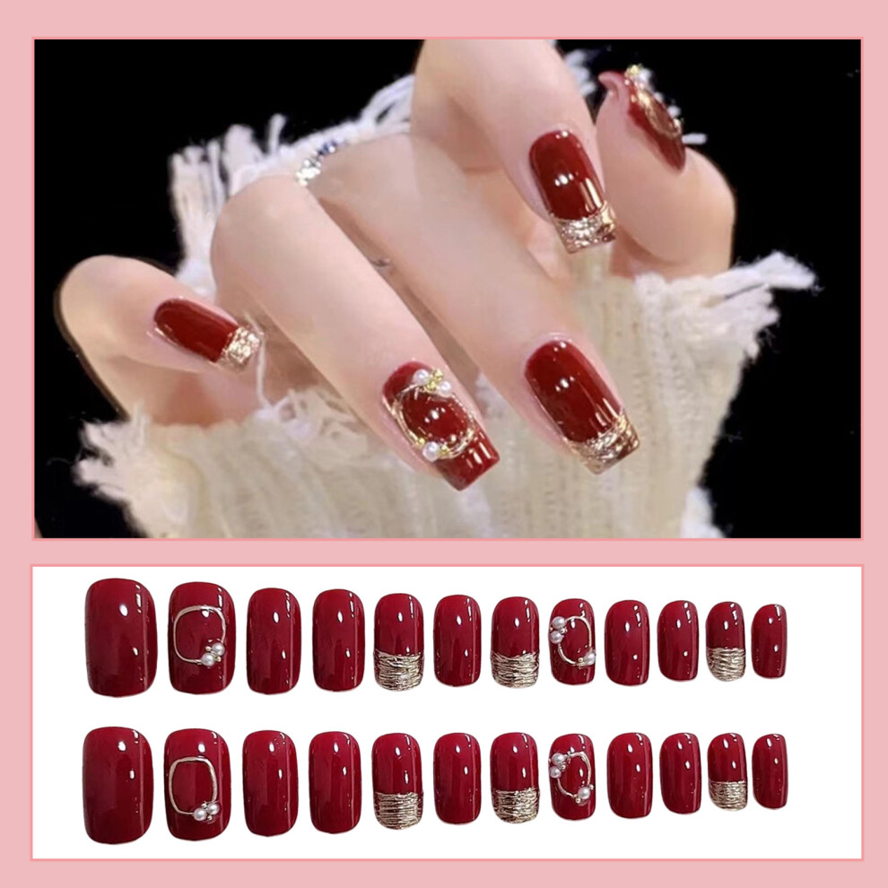 Dachuang Beauty (Jelly Glue Model) Red False Nail With Pearl & Gold Line - Reusable