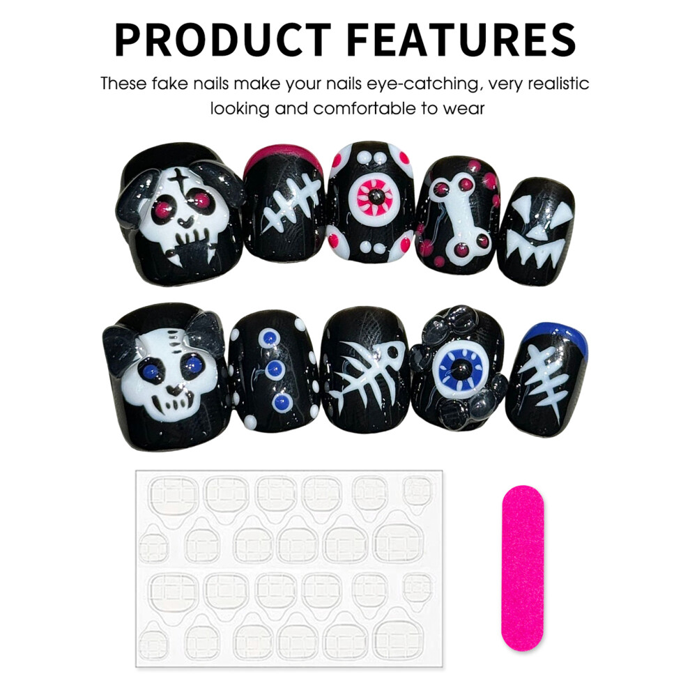 Dachuang Beauty (Short Round 2376, S) Halloween Nails: Pumpkin Skull Set, 10Pcs