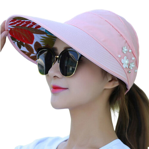 (Pink) Women\'s UV Wide Brim Sun Hat, Foldable Beach Hat