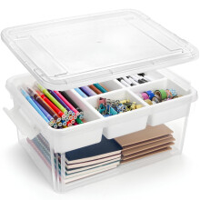 17QT Clear Plastic Storage Box with Lid and Handle, Stackable Organizer with Removable Tray for Crafts, Tools and Beads