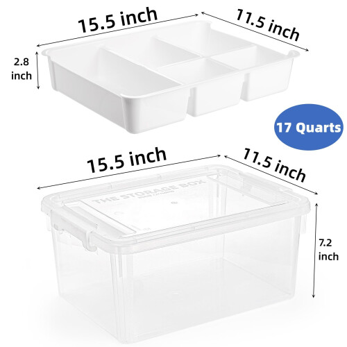 17QT Clear Plastic Storage Box with Lid and Handle, Stackable Organizer with Removable Tray for Crafts, Tools and Beads 1