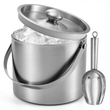Ishink (3 Liter) Dubbelväggisolerad Ishink i Rostfritt Stål med Lock och Skopa, Ishinkar för Fester, Handtag