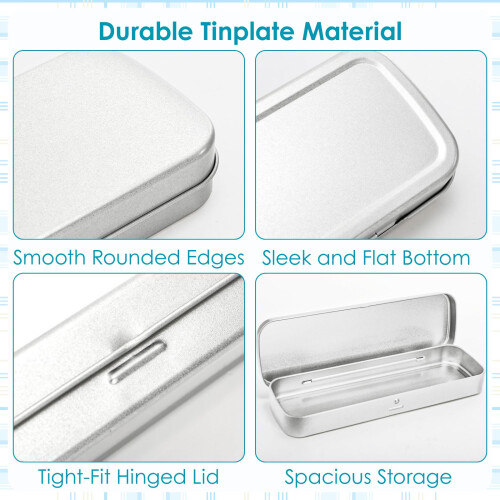 12 Pack Slim Rectangular Metal Tin Boxes with Lids, Durable Silver Hinged Containers for Crafts, DIY and Gift Storage 2