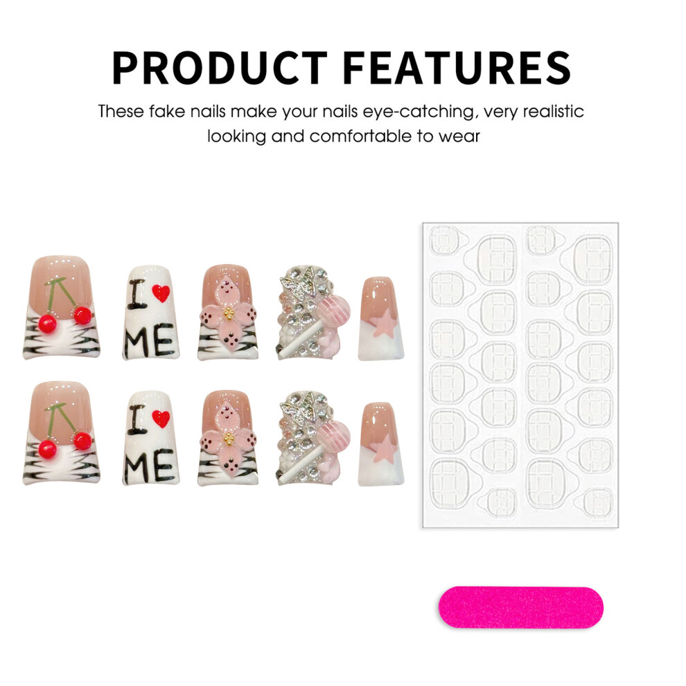 Creation-3C (L) 10Pcs Flower Rhinestone Fake Nails - Sweet Style Kit