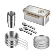 3 Person Stainless Steel Camping Dinnerware Set with Portable Storage Box, Durable Outdoor Cookware