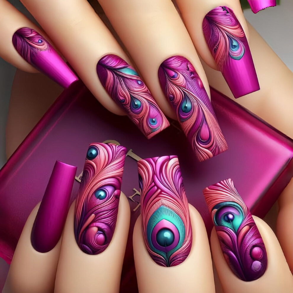Press on Nails Extra Long Coffin Shape with Charms and Glue SalonStyle Manicure Set for Women