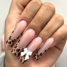 Long Square Press On Nails with French Tip Pink Bow Leopard Design, 24pcs Reusable Acrylic Set