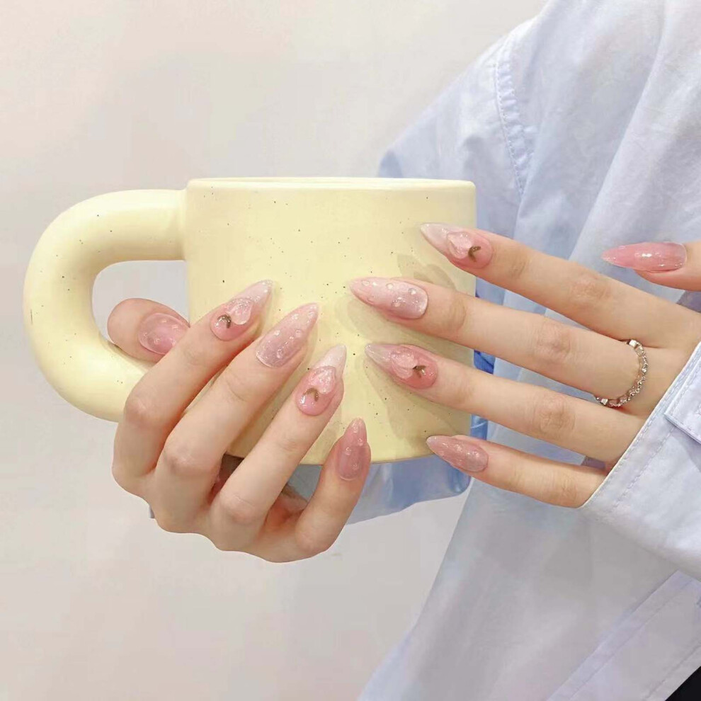Bright-Home (Xs) Long Almond Fake Nails With Peach Pink Color Reusable Handmade False Nails For Stage Performance Wear