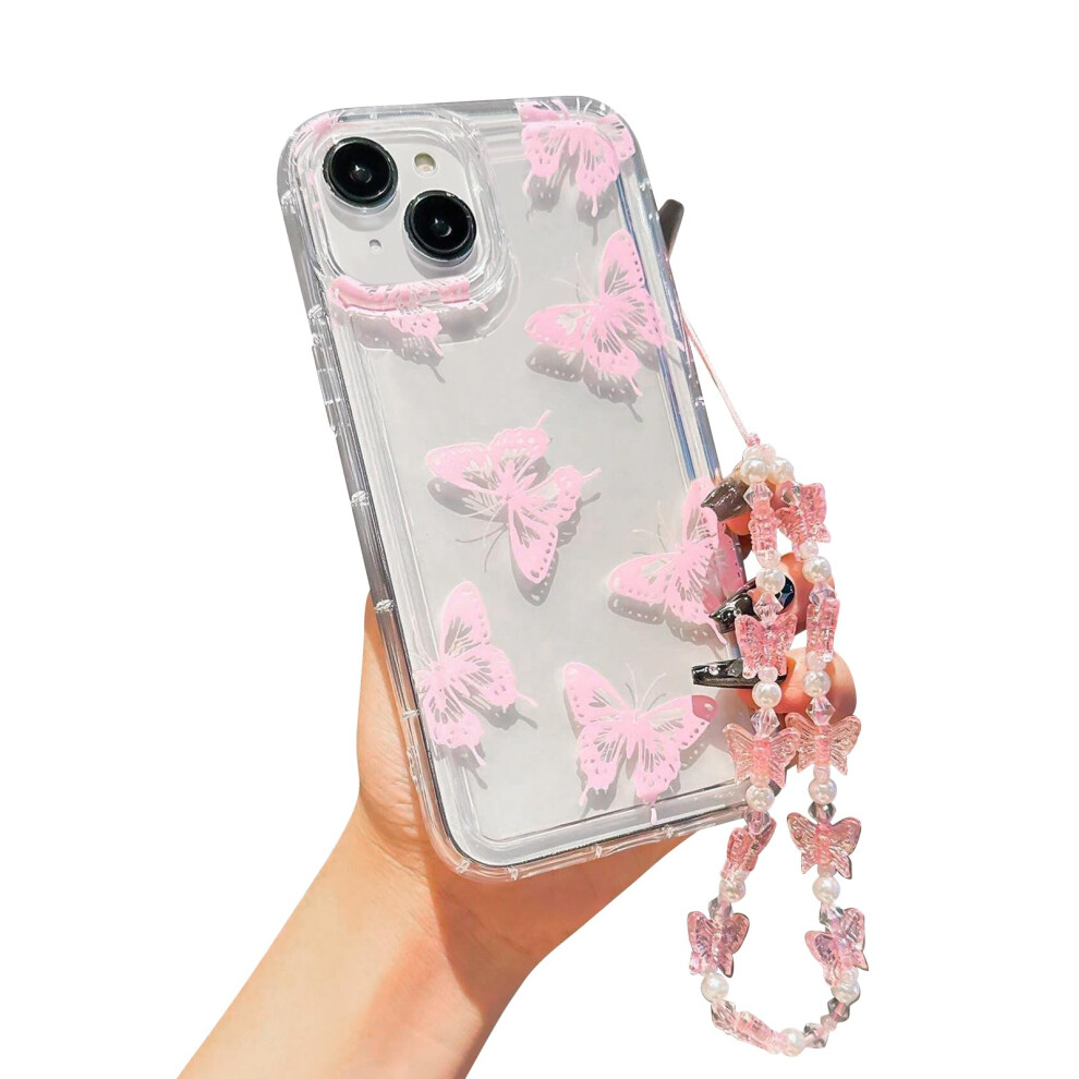 Cute Butterfly Clear Case For Iphone 13 14 With Sparkling Chain Shockproof Slim Tpu Cover Pink 9771547472131
