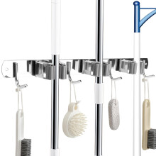 Stainless Steel Mop and Broom Holder Wall Mounted with 3 Racks and 4 Hooks, Heavy Duty Self Adhesive Organizer for Home Cleaning Storage