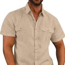 Men Short Sleeve Button Down Shirt Apricot XXXL Breathable Light and Comfortable