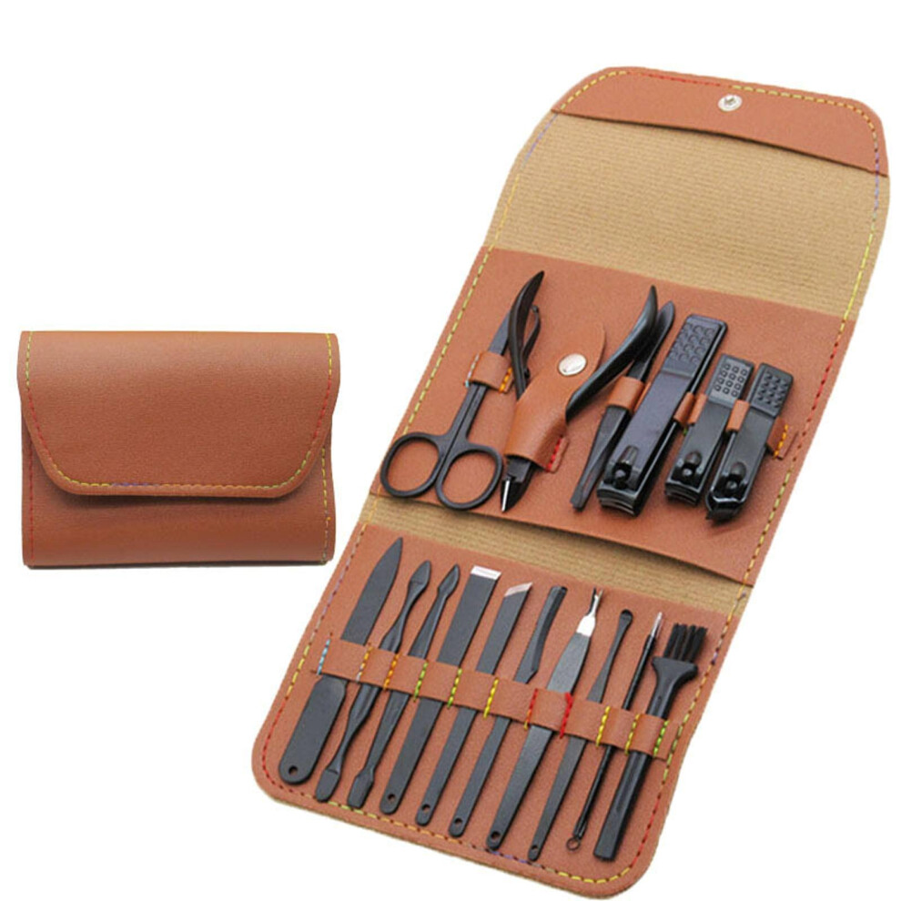 Brown Manicure Set 16In1 Stainless Steel Pedicure Kit Professional Nail Care With Leather Travel Case