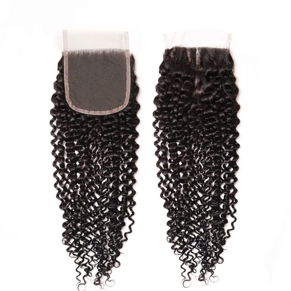 Unisex Black Brazilian Virgin Curly Human Hair Lace Closure 4X4 Natural 12 Inch Kinky Curly Tangle