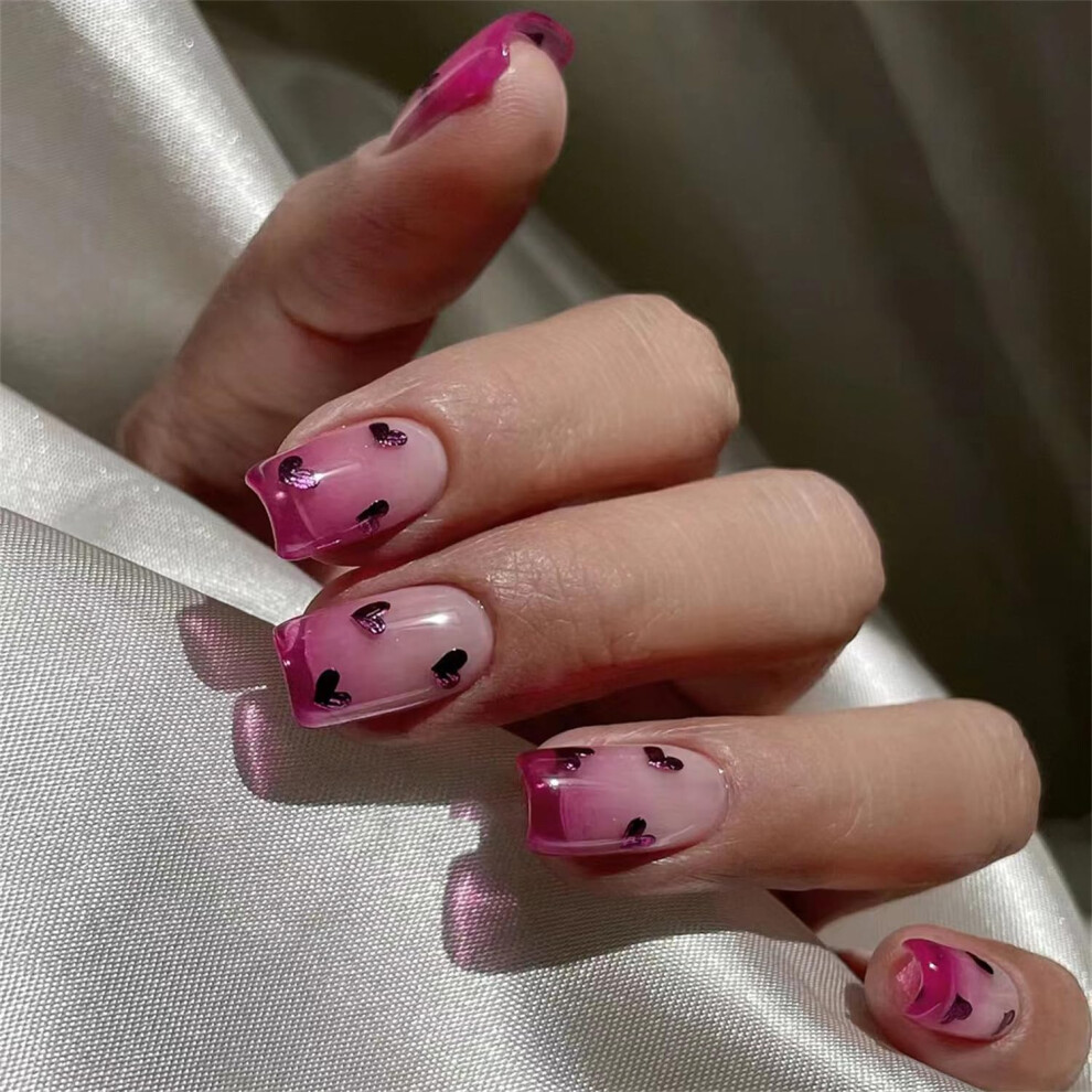 Valentine Heart Press On Nails 24pcs Medium Coffin Glitter Fake Acrylic Nail Set with Glue