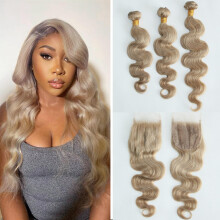 8A Honey Blonde Brazilian Body Wave Hair 3 Bundles with 4x4 PrePlucked Lace Closure 150% Density