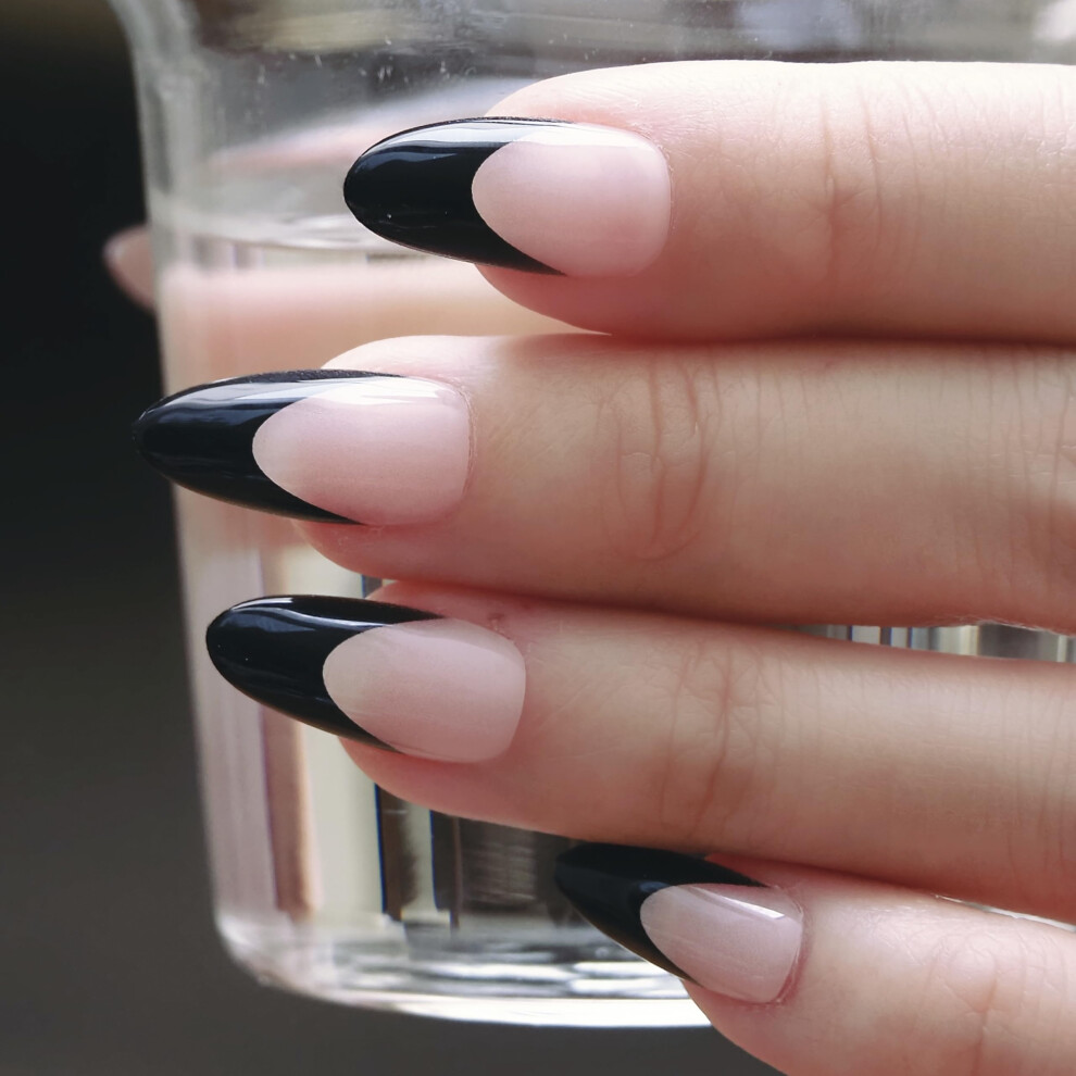 Black French Tip Press On Nails Almond Shape Glossy Nude 30pcs Elegant Instant Manicure