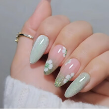 Press On Nails Almond Medium Length Gradient Green Flower Reusable Fake Nails Pack of 24