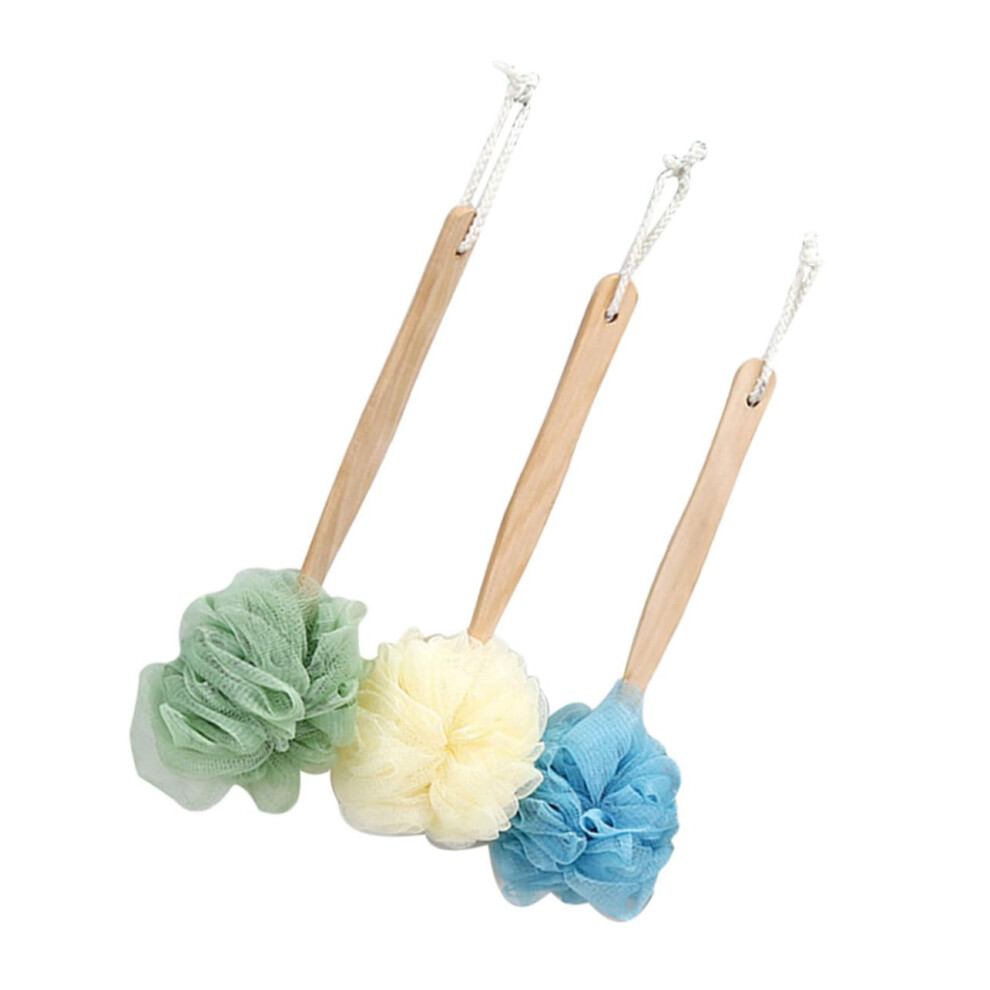Bath Back Scrubber Set with Long Wooden Handle Shower Puff for Exfoliating Nylon Mesh