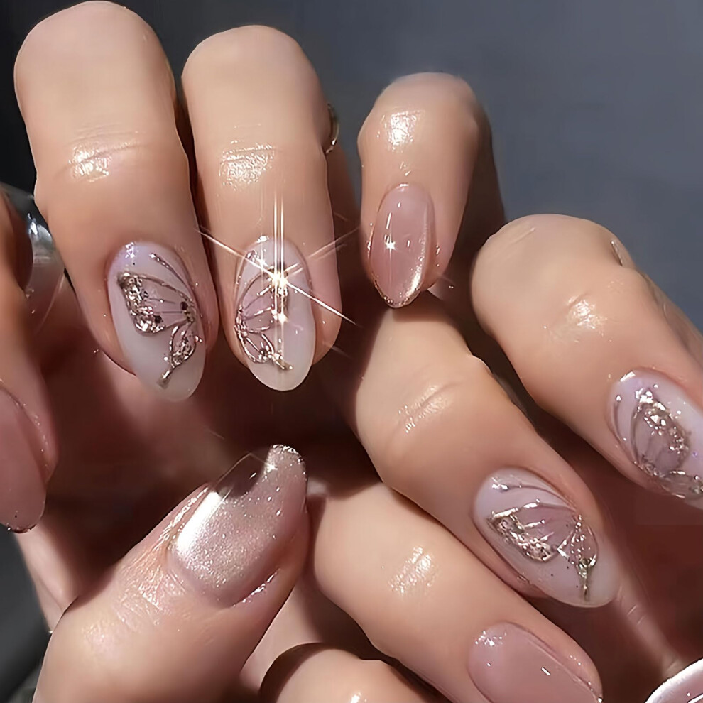 Cat Eye Press On Nails with Gold Butterfly Design, Medium Round Acrylic Fake Nails, 24pcs