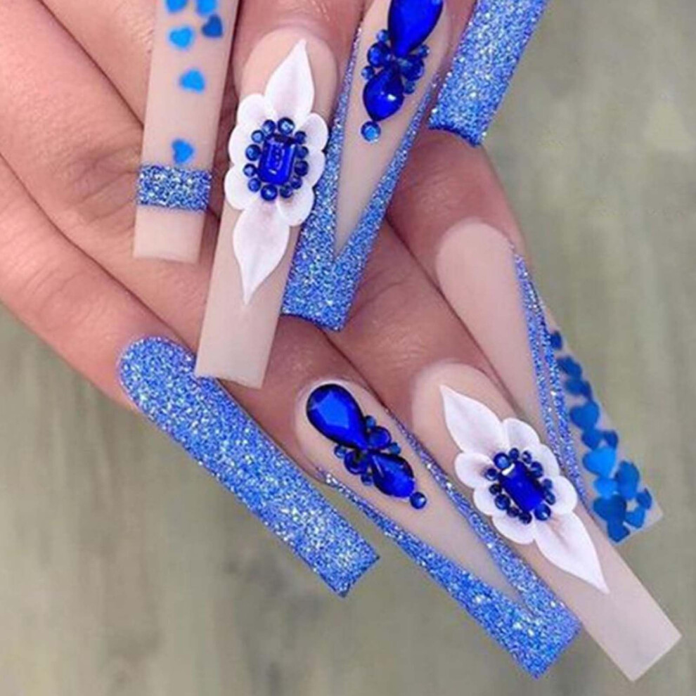 Blue French Gradient Coffin Press On Nails With Flower Rhinestones, Reusable Fake Acrylic Nails 24Pcs