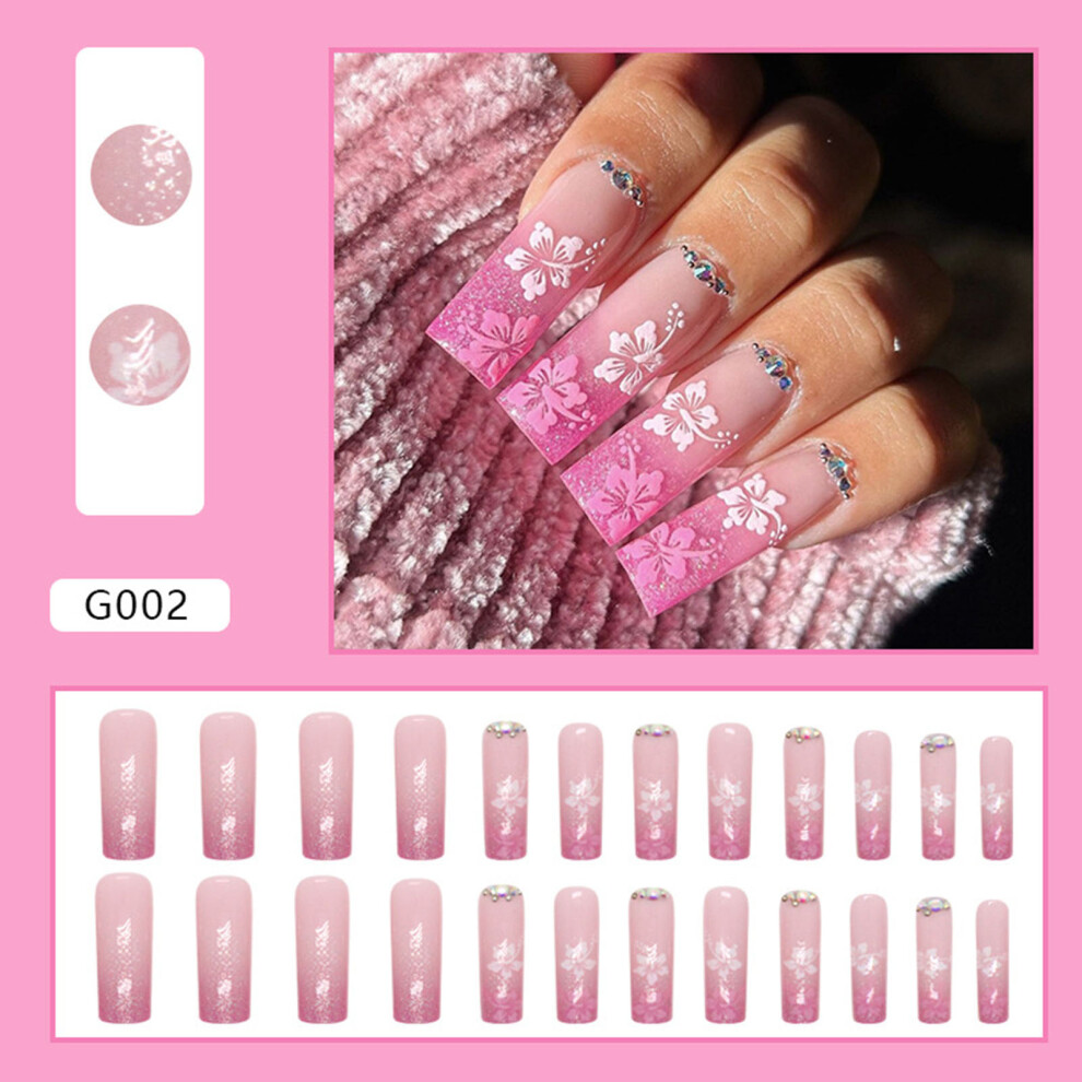 Hue-Grain (Jelly Glue Model) 24Pcs Pink Flower Press-On Nails, Gradient Resin Nail Art
