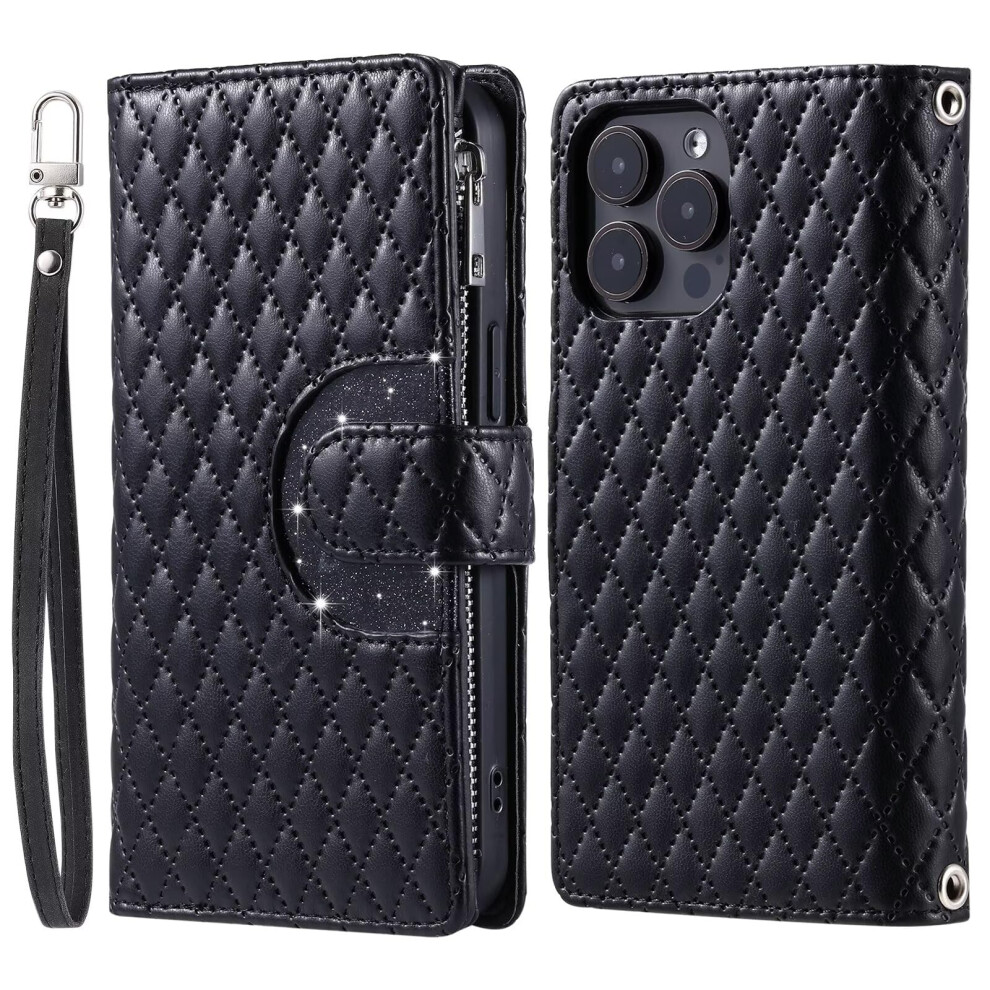 Leather Wallet Case For Realme 8I And Narzo 50 4G, Glitter Pu Flip Cover With Zipper Pocket, Rfid Blocking, Magnetic Kickstand Design For Women Black 9073542699675