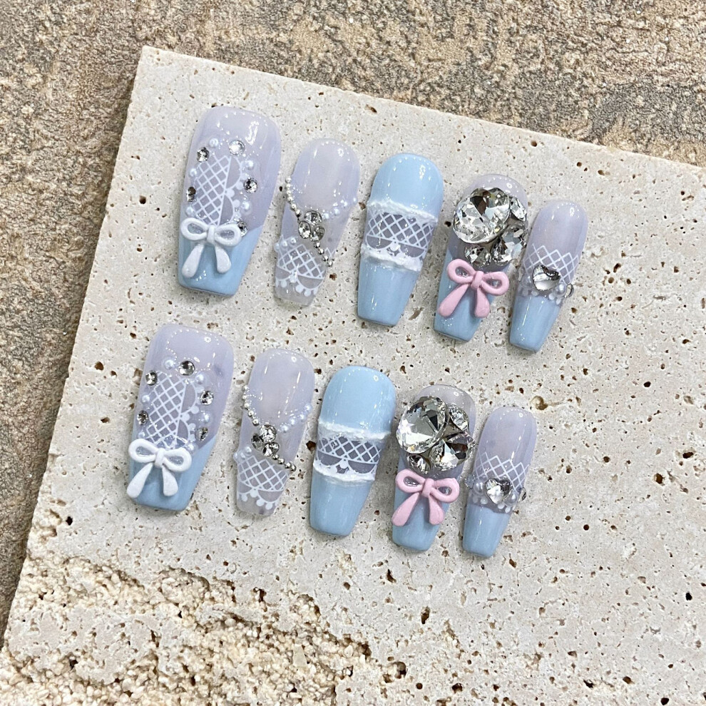 Dcph-Clothing (Xs) Rhinestone Blue Fake Nails - Party & Daily Wear