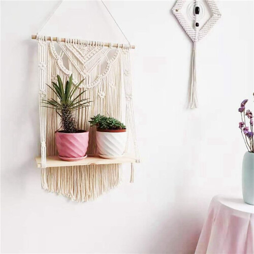 2X Macrame Wall Hanging Shelf, Single Tier Wood Floating Hanging Shelf Organizer Hanger, Boho Home Wall Decor 2