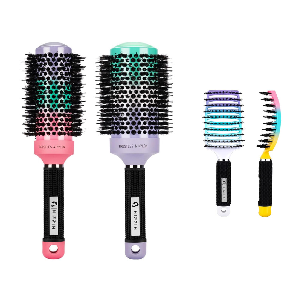 Round Boar Bristle Hair Brush Set of 2 for Fast Blowout Styling and Frizz Reduction