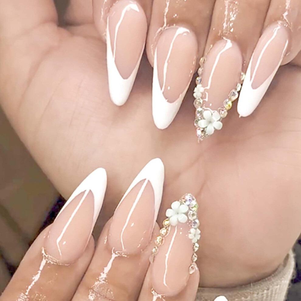 3D Short Almond Press On Nails Nude French Daisy Design with Crystals 24Pcs False Nails for Women