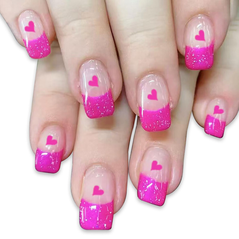 Valentine's Day Press On Nails Set Pink French Tip Glitter Acrylic False Nails for Women 24pcs