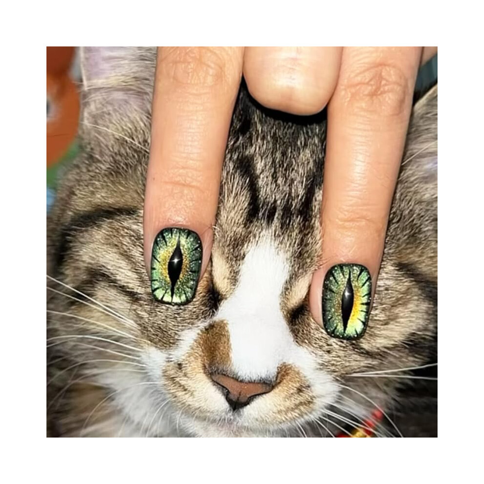 Green,Black Cat Eye Fake Nails With Green And Black Design,30Pcs