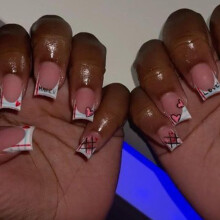 Short Square Press On Nails with French Tips and Red Heart Plaid Design, Reusable Fake Nails