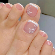 Press On Toe Nails Short Square French Tip White Rose Design Acrylic Glue On Toenails Set