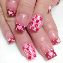 Press On Nails Short Heart Checkerboard Red French Tip Glitter 24 Pcs Square Acrylic for Women