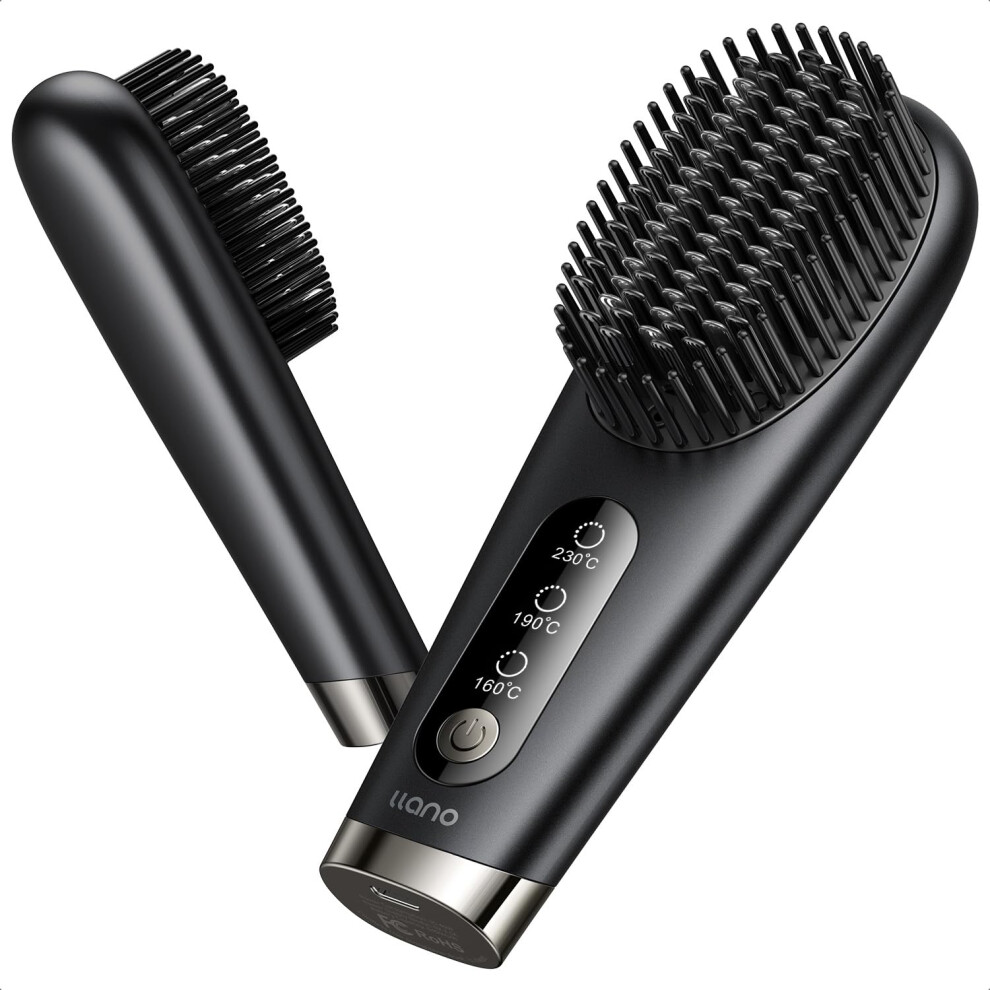 Black/Gray Cordless Hair Straightener Brush With Ionic Keratin Care, Rechargeable Travelfriendly Comb