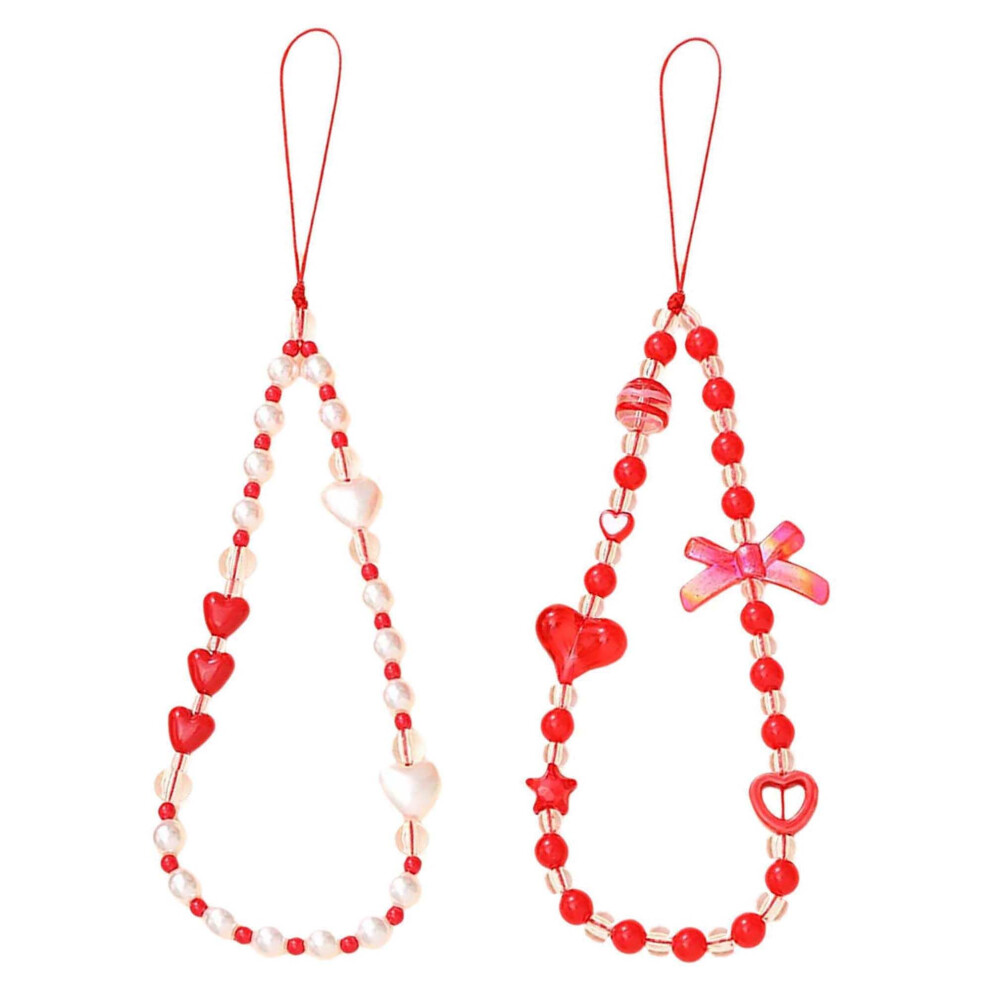 2Pcs Cute Beaded Phone Charm Set With Star And Heart Beads Pearl Pendant Wrist Strap Chain For Bag Or Purse 9092120097931