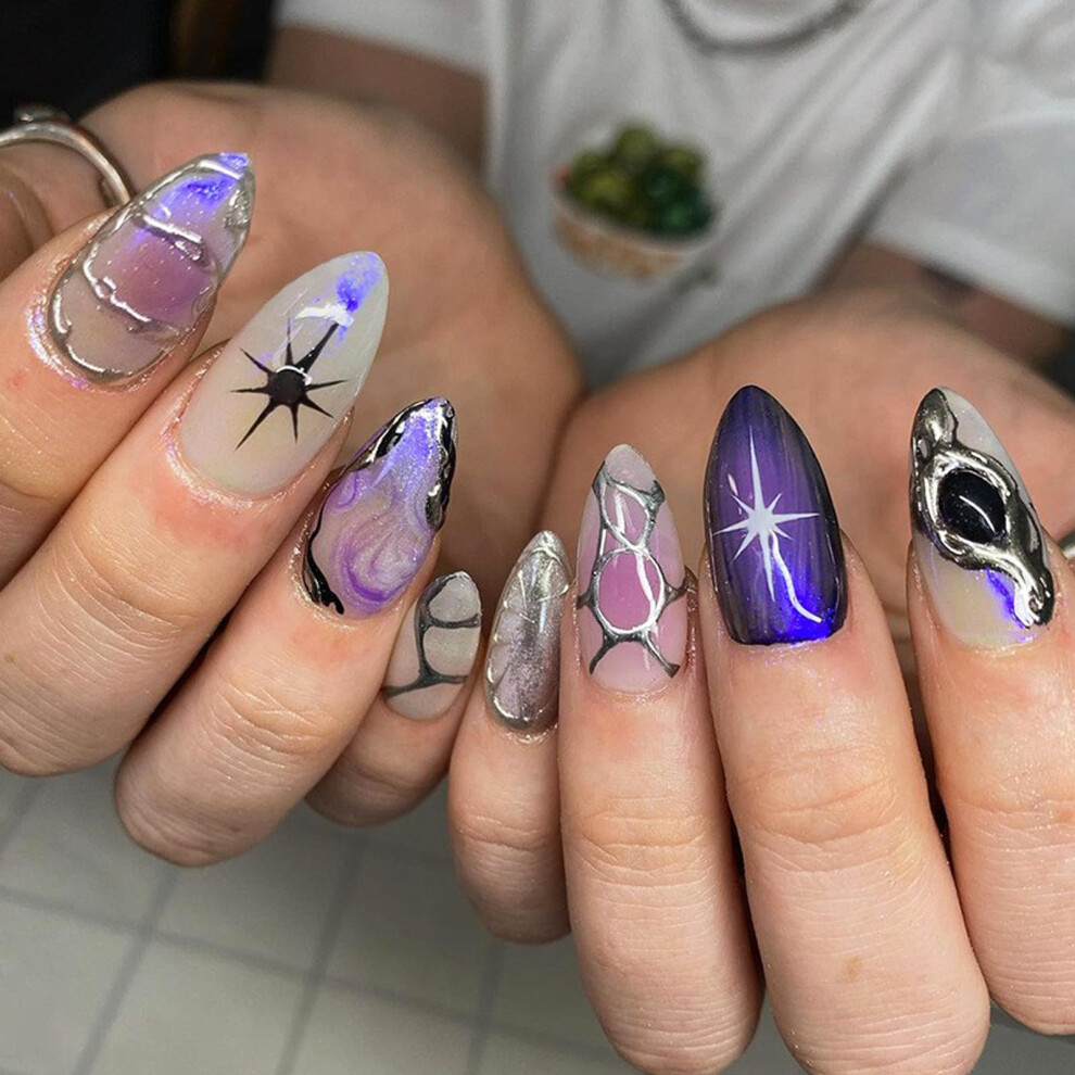 Purple Medium Coffin Press On Nails Set, 24 Pcs Glossy Glitter Fake Nails, Reusable Salon Manicure