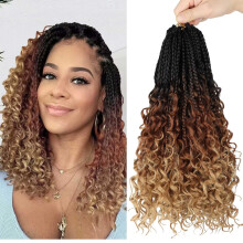 14 Inch Goddess Box Braids Crochet Hair, Boho Curly Ends, Prelooped Extensions 8 Packs 1B/30/27