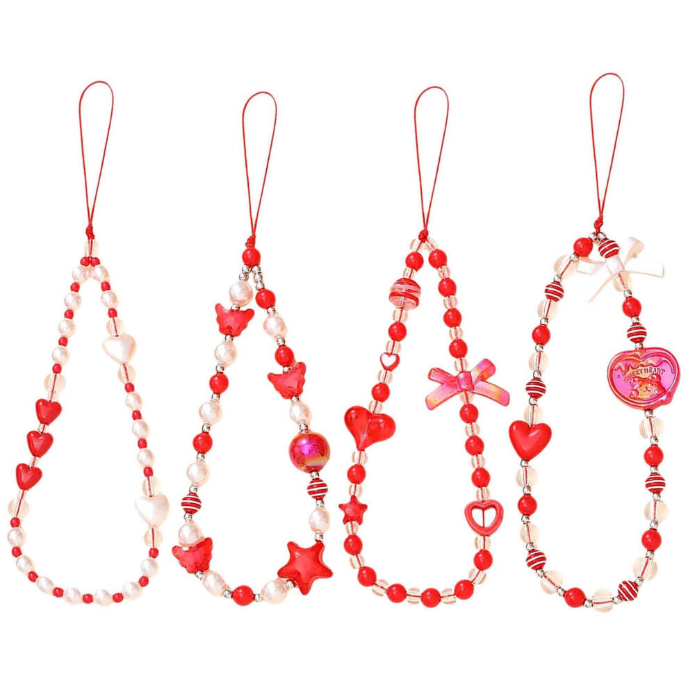 4Pcs Cute Beaded Phone Charm Set With Star And Heart Beads, Pearl Wrist Strap Chain For Bag And Purse 9092120098020