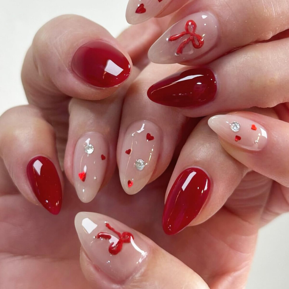 Pink,Red Short Pink Press On Nails With Red French Tips And 3D Bow Design Â 24Pcs Acrylic Fake Nail Kit