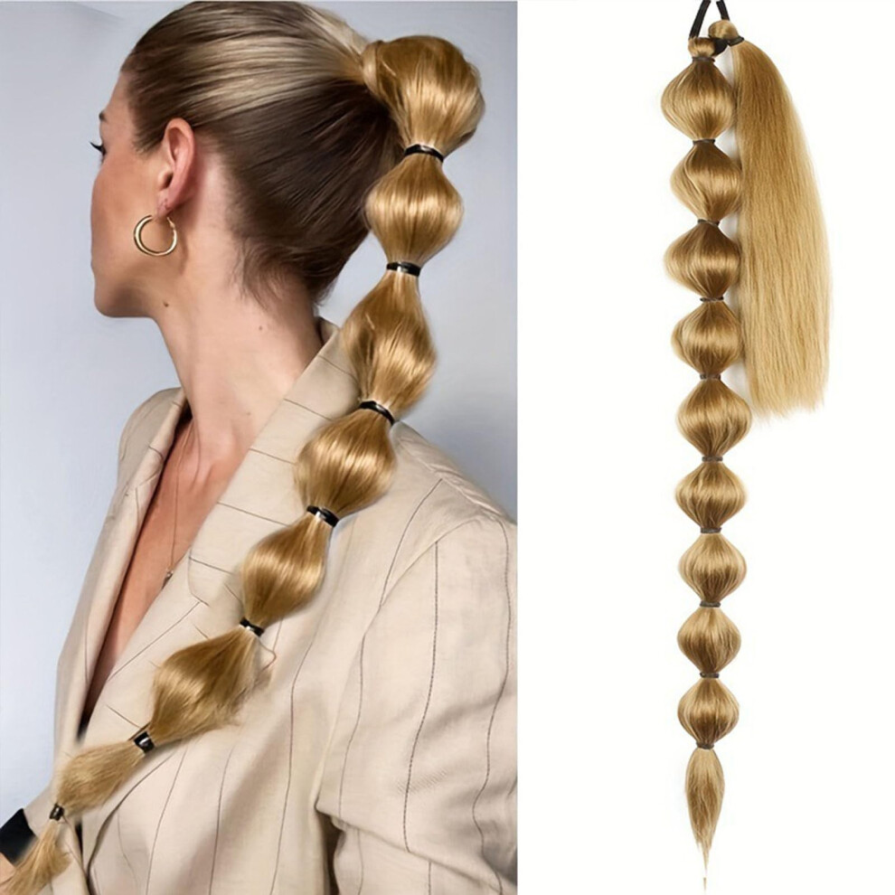 Unisex Ponytail Hair Extension Long Braided Bubble Style 30 Inch Blonde Afro Yaki Synthetic Hairpiece