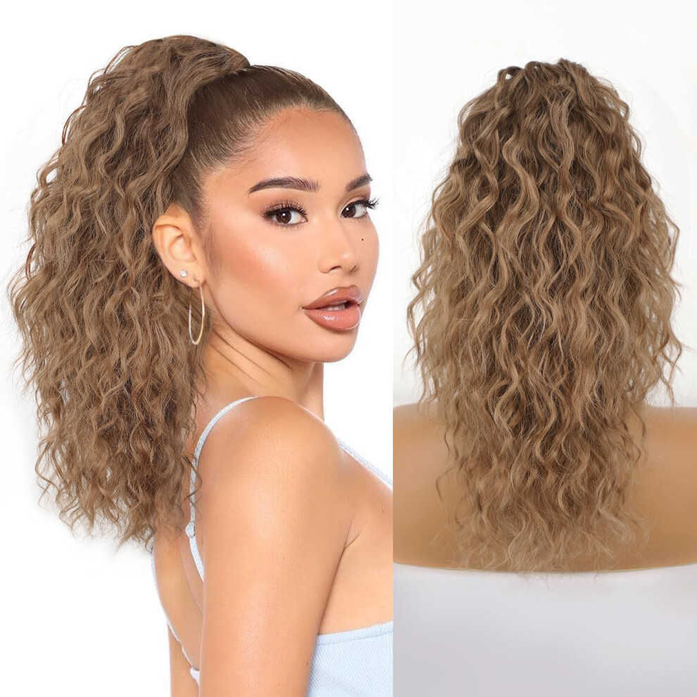 18 Inch Wavy Claw Clip Ponytail Extension Synthetic Ombre Ash Brown Hairpiece for Women