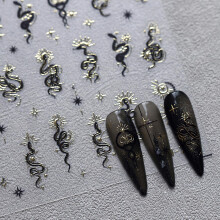 Black Snake Nail Art Stickers with Gold Star 3D Decals, SelfAdhesive Snake Design for Manicure
