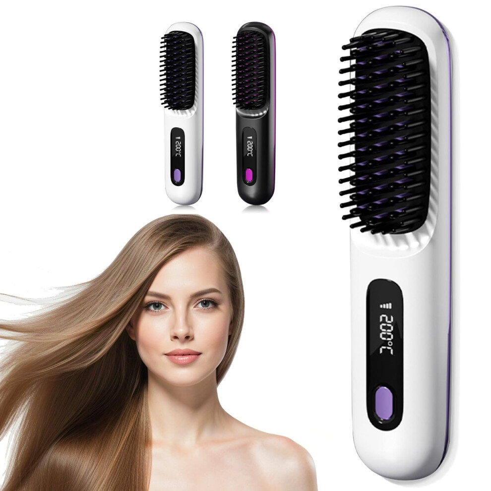 White Cordless Hair Straightener Brush, Usb Rechargeable 2 In 1 Styler Comb, Fast Heating Travel Size,