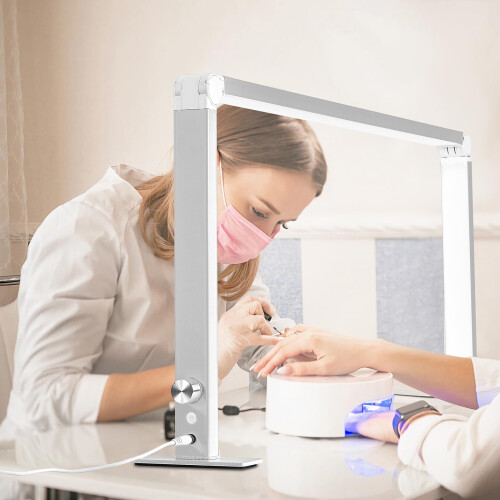48W LED Nail Desk Lamp with Shadow Lighting, Foldable 33in Dimmable Light, Silver