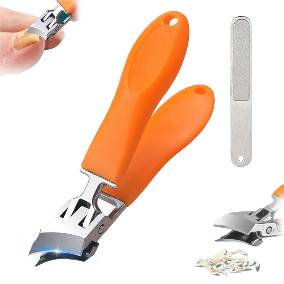 Wide Jaw Toenail Clippers for Thick Nails with Slanted Grip, AntiSplash Design, Nail File, Orange