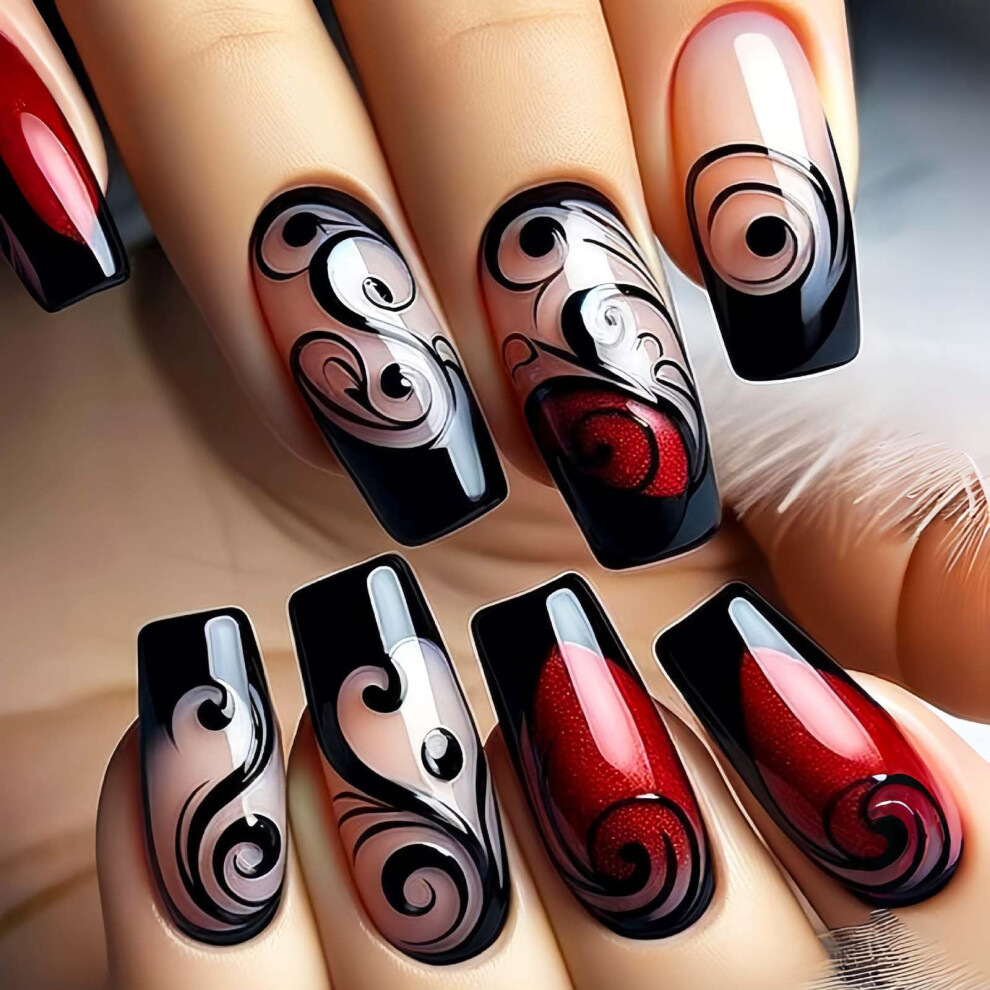 Black Medium Press On Nails Kit With Glue, Square Acrylic Fake Nails, Longlasting 24Pcs Set