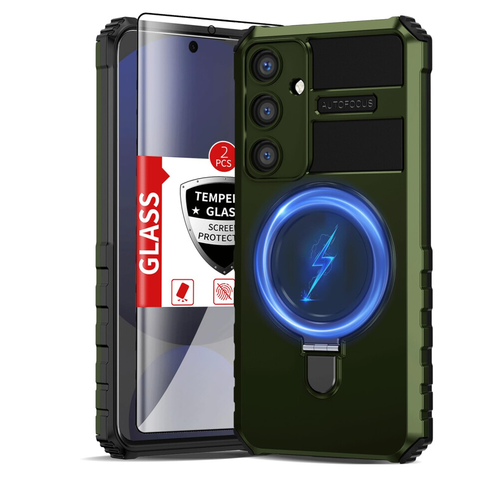 Magnetic Case With Kickstand Ring, Militarygrade Drop Protection, 2 Screen Protectors, For Samsung Galaxy S24 Fe Green 9169991624303