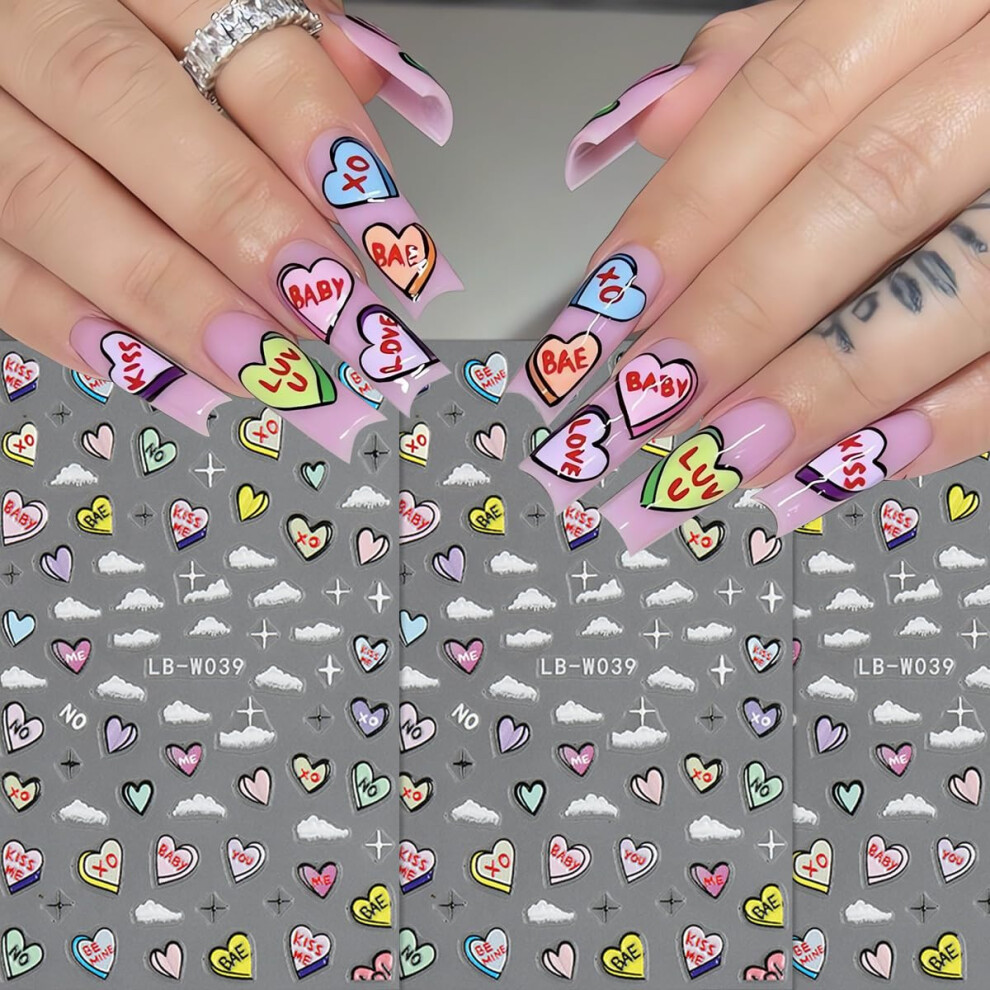 Valentine's Day Nail Stickers 5D Embossed Heart and Cloud Design Colorful SelfAdhesive 3PCS